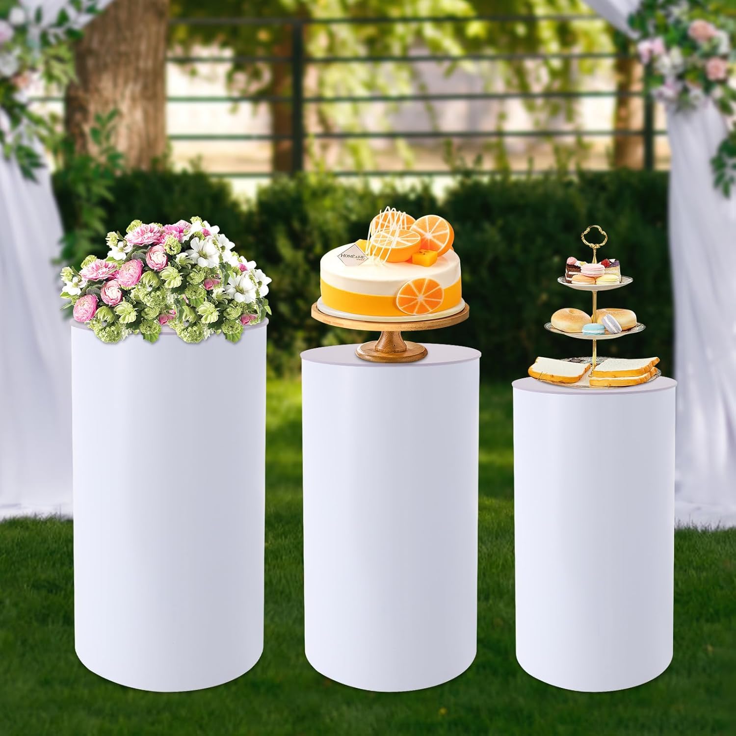 3 Pcs White Cylinder Stands for Party & Wedding, Pedestal Display Stands for Cakes, Flowers, Desserts, Modern Wedding Pillars Decor (3Pcs)