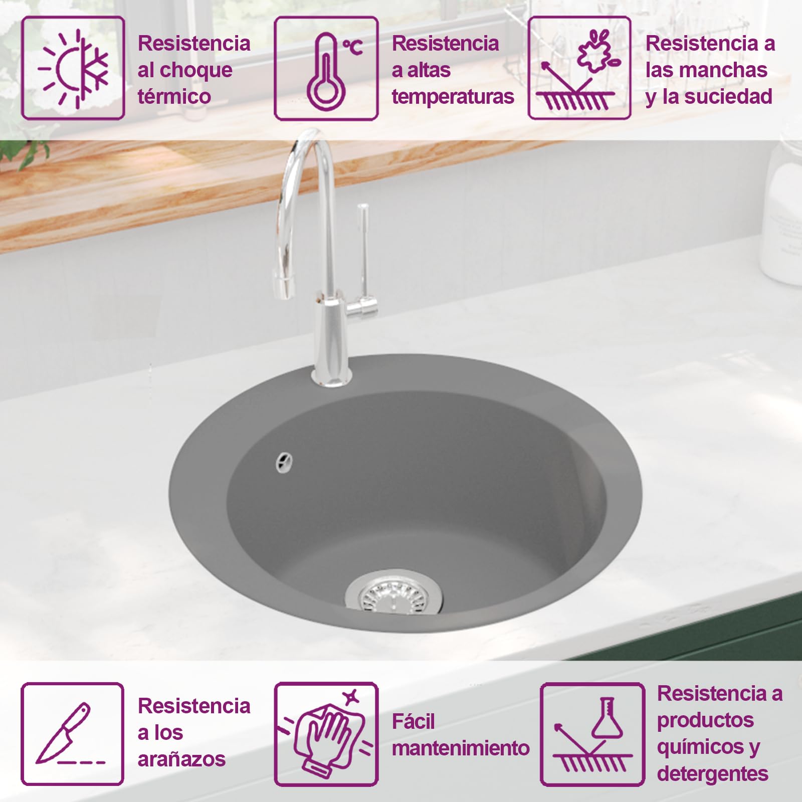 vidaXL Fregadero Cocina 1 Seno Redondo Gris Granito Fregadero Caño Lavaplatos