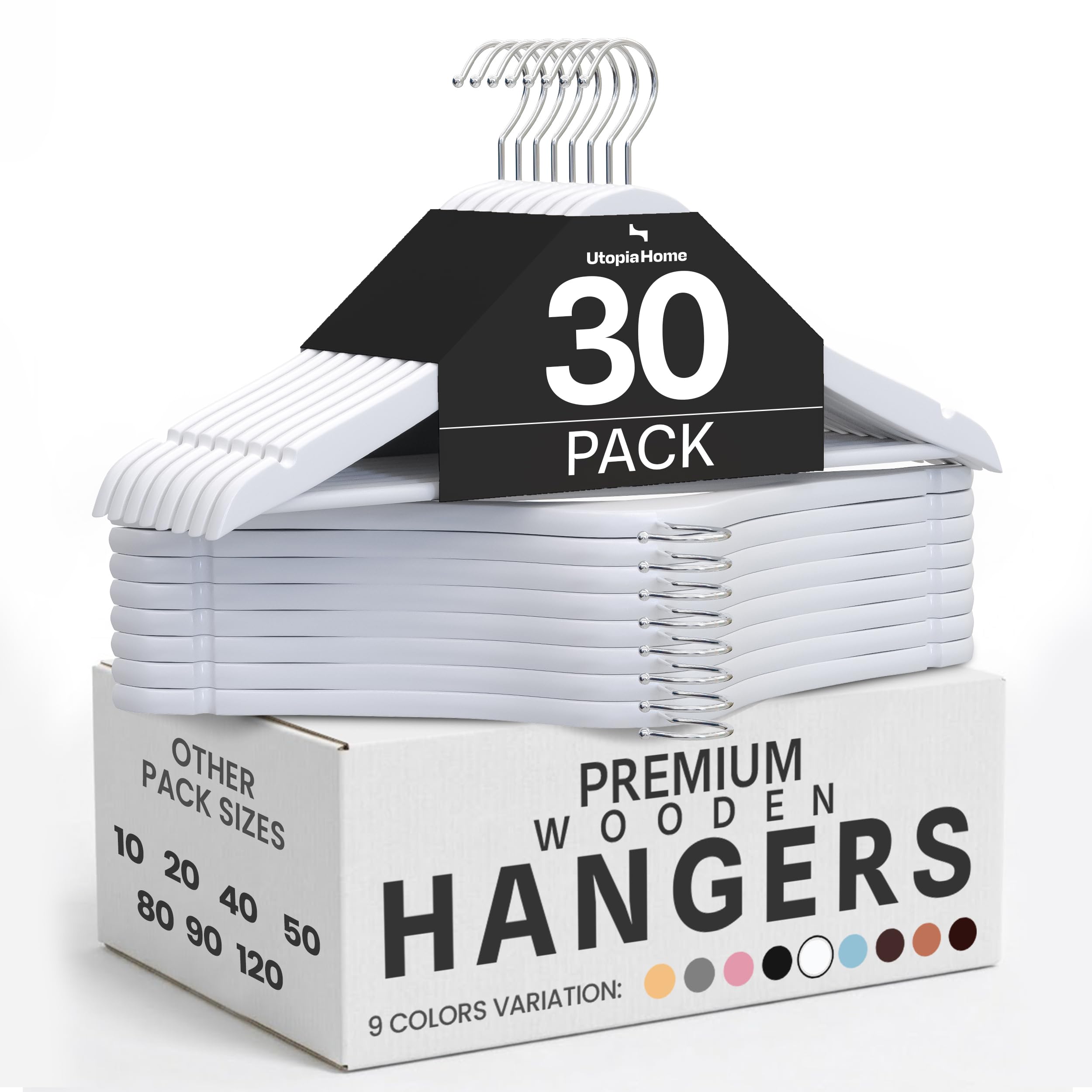 Utopia Home Premium Wooden Hangers 30 Pack - Durable & Slim Coat Hanger - Suit Hangers with 360-Degree Rotatable Hook - Wood Hangers with Shoulder Grooves (White Color)