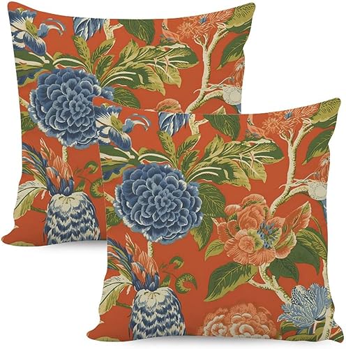 MangGou Chinoiserie - Juego de 2 fundas de cojín naranja y azul oscuro con peonía floral naranja y azul peonía chinoiserie para sofá, silla de