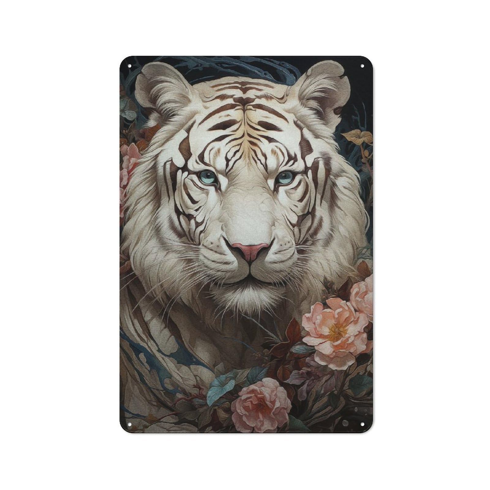 Junmoney White Tiger Floral Bliss Tin Sign 30X20cm For Workshop Wall, Retro Wall Decor, Suited To Metal Sign Collectors