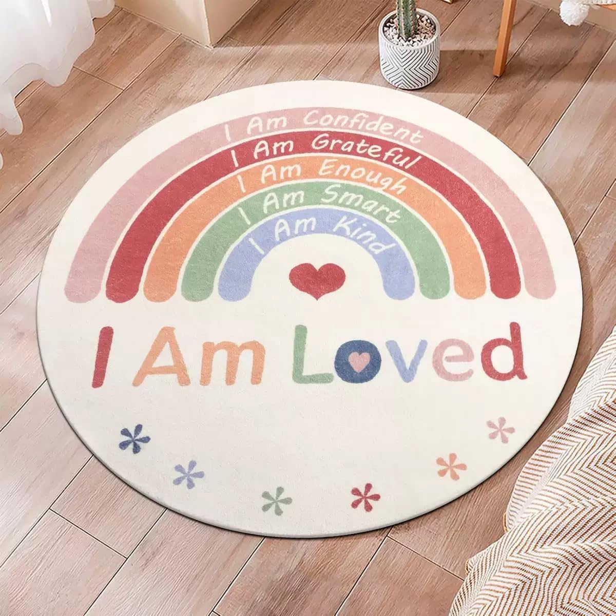 Rainbow Kids Round Area Rug Bathroom Rugs Washable Absorbent Floor Doormats Bath Mat Super Soft for Entrance Decoration Indoor Non-Slip Bottom (I AM Loved, 100CM)
