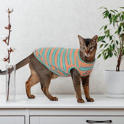 Miniatura 5 de Sphynx - Ropa de gato transpirable, sin pelo, camisetas de gatito a rayas, sin mangas, suéteres para gatos, ropa de verano para mascotas para