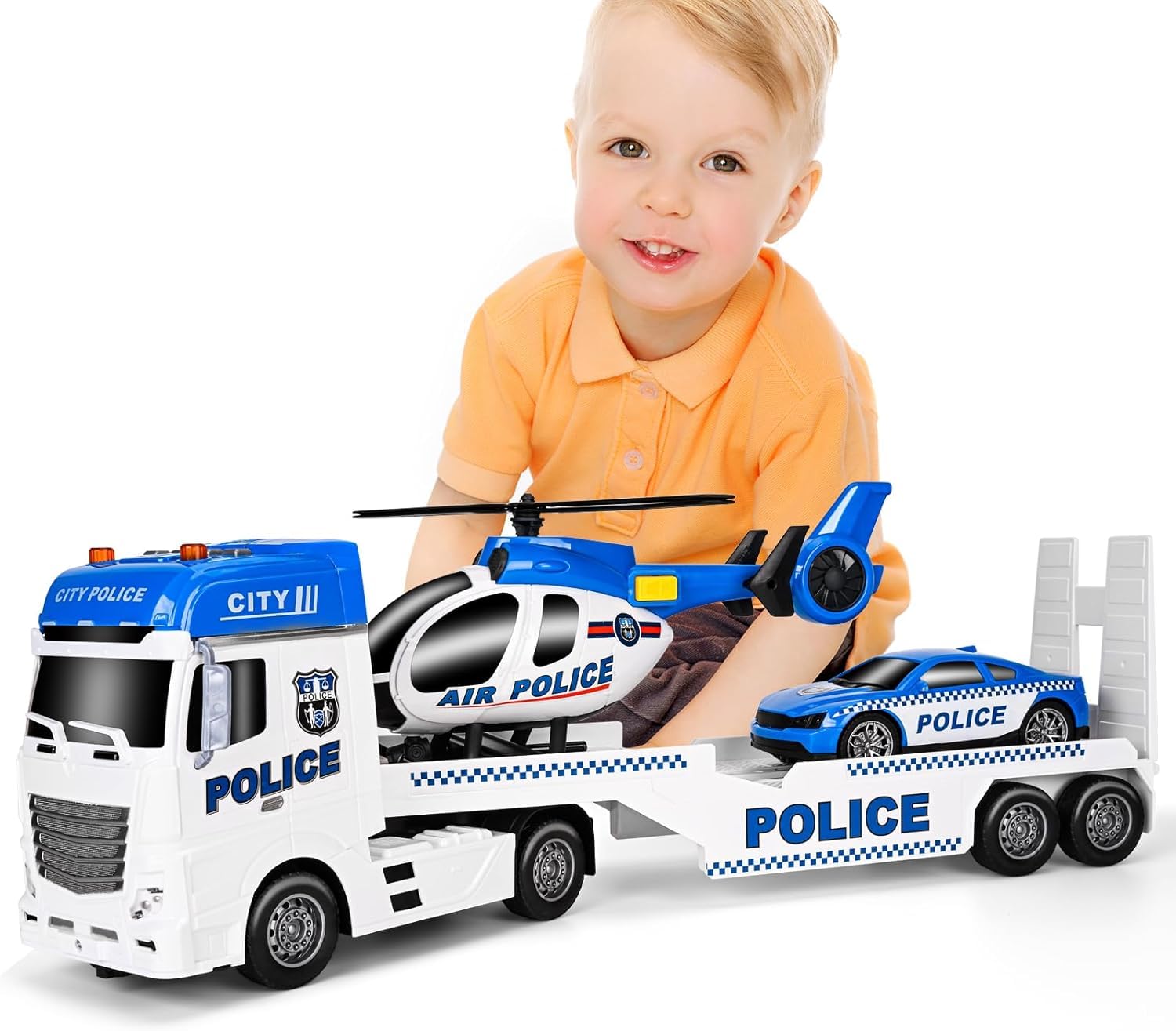 Camion Police Dépanneuse Jouet, Son et Lumière Voiture Enfant, 3 in 1 Grand Jouet de Camion Véhicules, Véhicule de Transport, Cadeau pour Garçons Fille 1 2 3 4 5 6 Ans