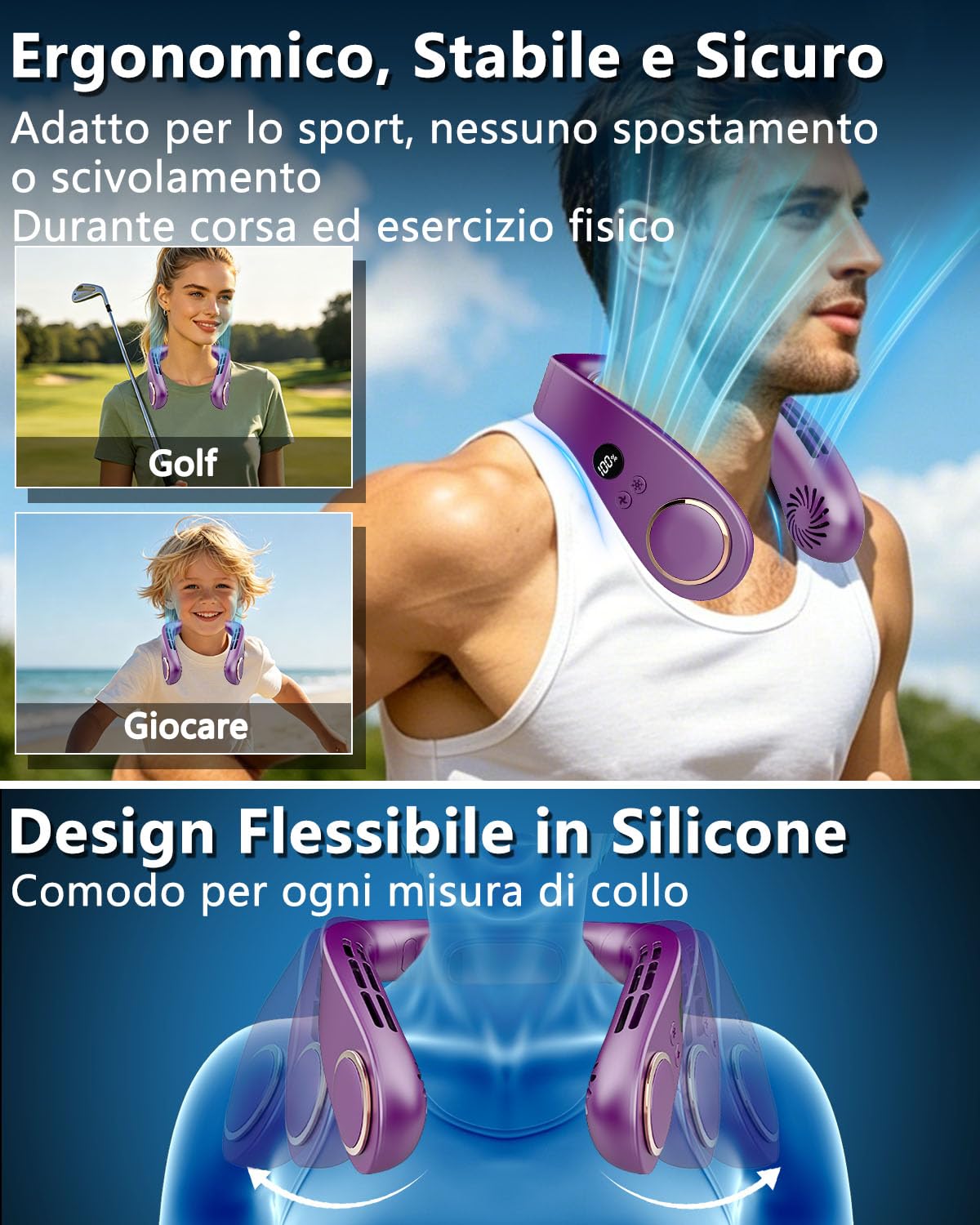 Ventilatore da Collo con Raffreddamento a 15°C, Ventilatore Collo Silenzioso con 5 Velocità e Batteria 5500mAh, Display LED, Autonomia 24 Ore Ricarica Rapida, per Outdoor, Sport, Ufficio e Viaggi