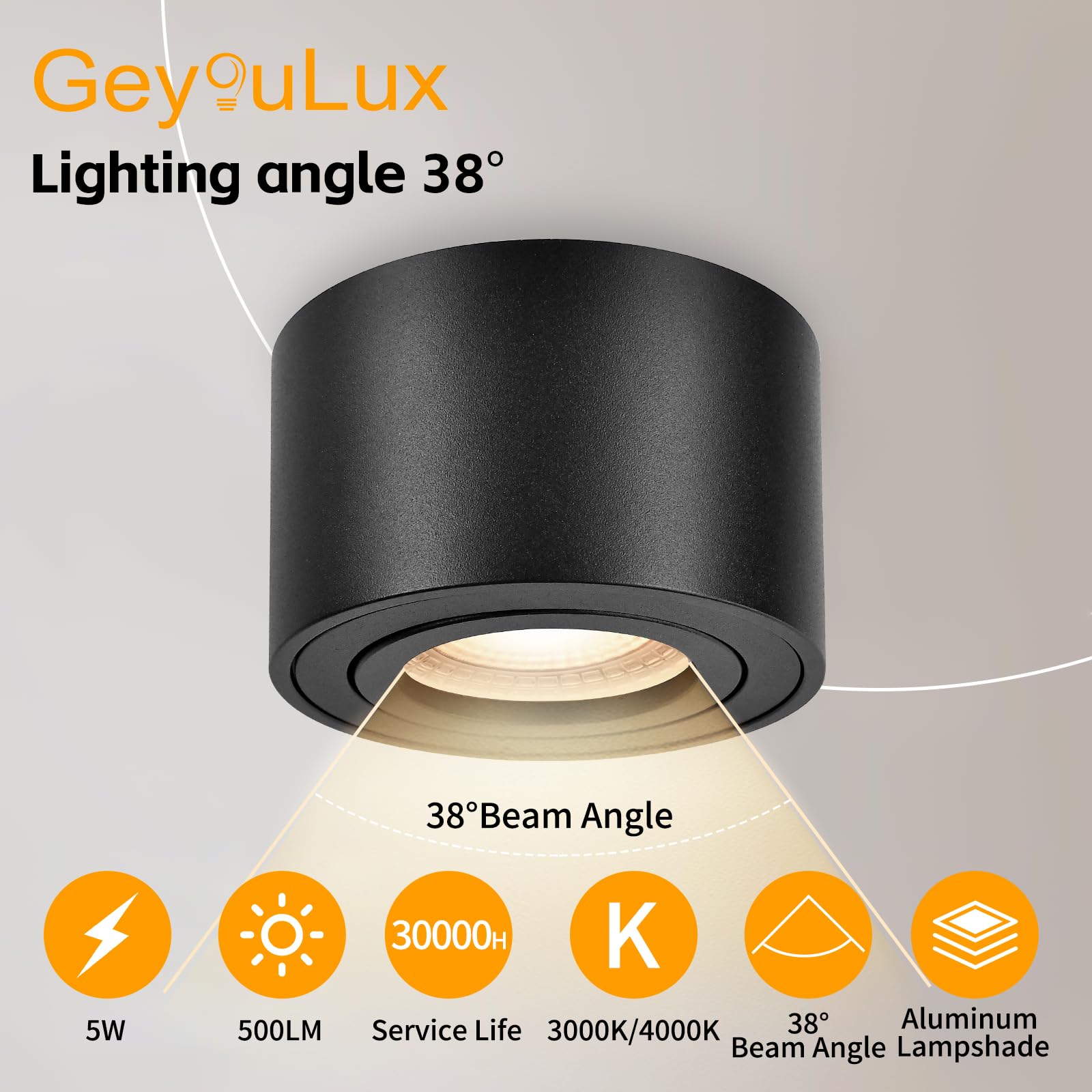 GeyouLux 4x LED Aufbauspot Schwarz - Extra Flach & 38° Schwenkbar Deckenspots - Ø80x50mm - Aufputz Spots Decke inkl. 5W 3000K LED Modul 230V, Deckenstrahler Aufbaustrahler