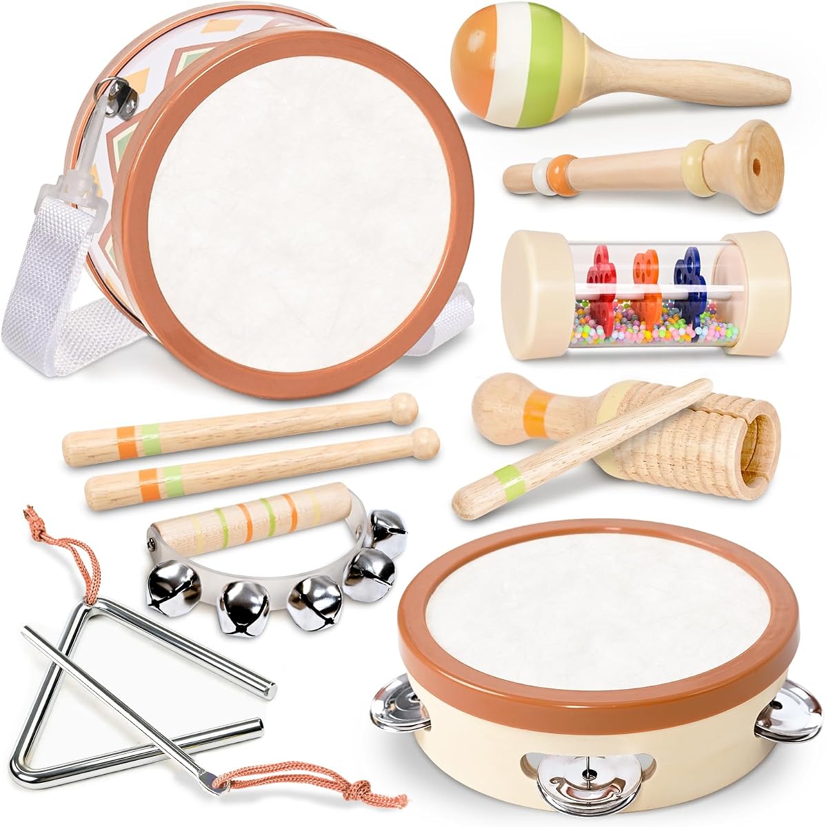 Toddler Musical Instruments, 8-Piece Wooden Percussion Set | Marching Drum & Tambourine, Maracas, Play Together Design, Morandi Colors, Home & School
