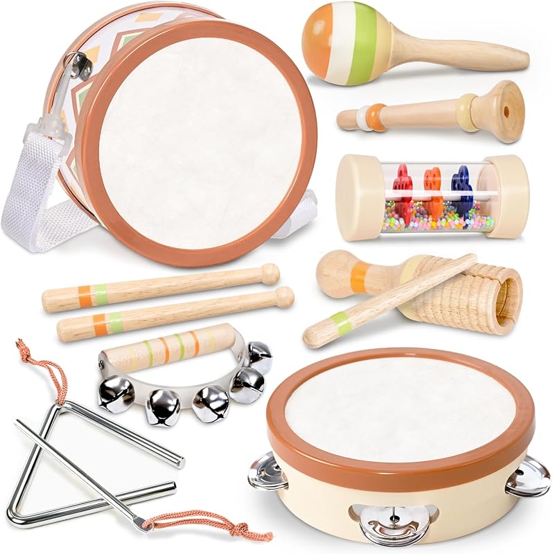 Toddler Musical Instruments, 8-Piece Wooden Percussion Set | Marching Drum & Tambourine, Maracas, Play Together Design, Morandi Colors, Home & School