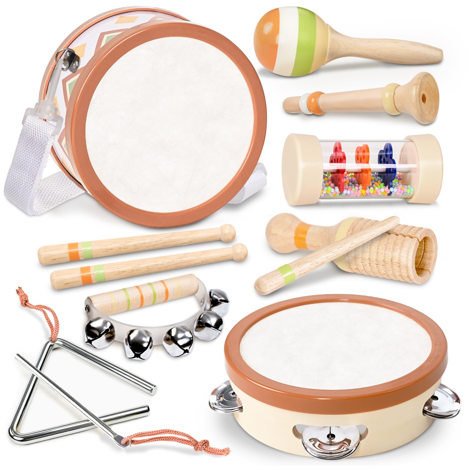 WINGYZ Wooden Musical Instruments for Kids, 10-in-1 Montessori Baby Musical Instrument Set with Drum & Rainmaker, Natural Morandi Sensory Musical Toys for 1 2 3+ Year Old Boys Girls Gift