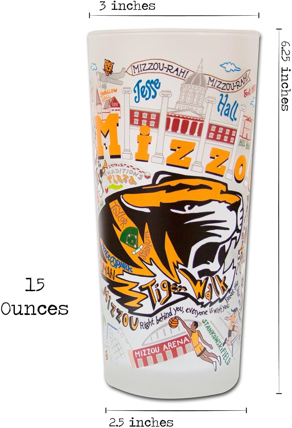 Catstudio Drinking Glass, University of Missouri Glass Cup for Kitchen, 15oz Dishwasher Safe Tumbler for Mizzou Alumni