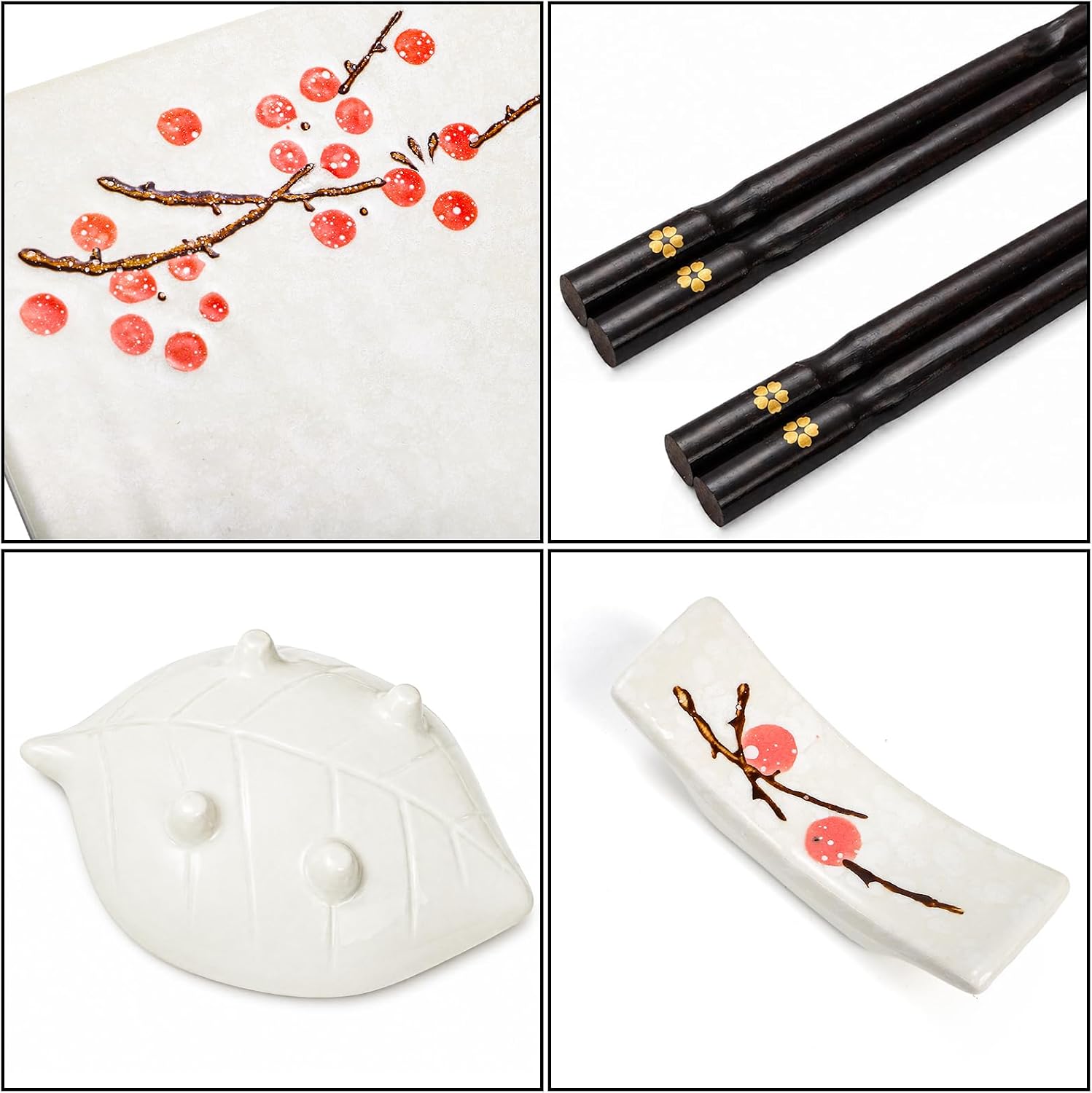 Pumtus 8 Pcs Ceramic Sushi Plate Set, Floral Japanese Serving Dishes, Sushi Dinnerware for Wedding Housewarming Gift, Includes 2 Sushi Tray, 2 Sauce Bowls, 2 Pairs of Chopsticks, 2 Chopstick Rests