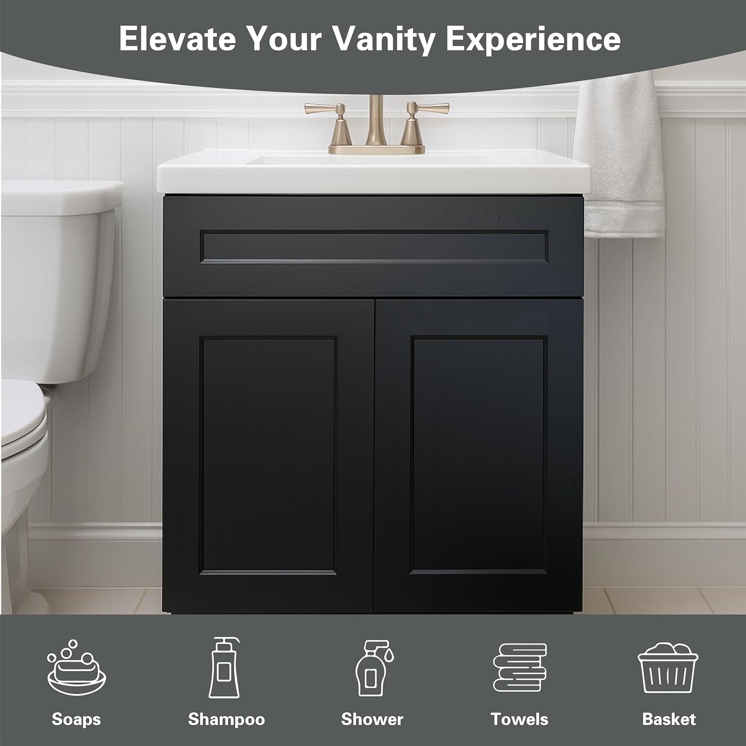 30" Black Shaker Bathroom Vanity with Sink – Solid Surface One-Piece Top, Soft-Close Doors, Polyurethane Nano Resin Sink, Pre-Drilled Faucet Hole, Modern Bath Vanity Cabinet Set