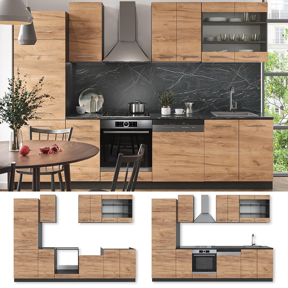 Vicco Küchenzeile Fame-Line, Goldkraft Eiche/Anthrazit, 300 cm | ohne Arbeitsplatte, zur individuellen Erweiterung mit kompatiblen Modulen