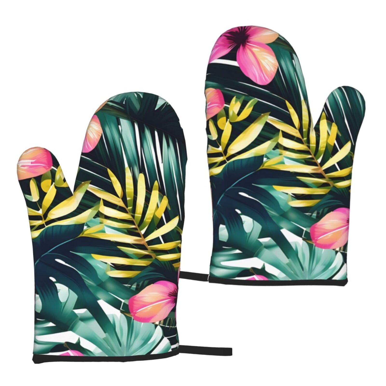 Nimongt Women's Black Tropical Summer Hawaiian Flower Palm Leaves Print Adults Universal Fit Heat Resistant Oven Gloves Reusable Cooking Outdoor Grilling
