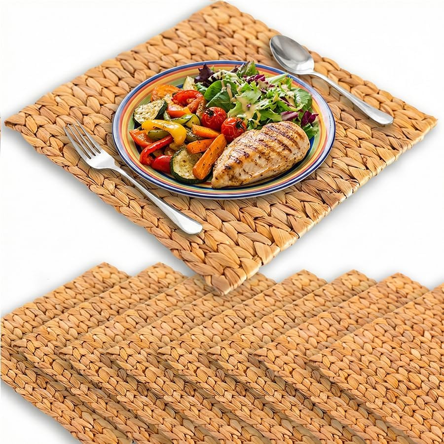 4/6/8/10 Pcs Natural Water Hyacinth Square Placemats, Boho Wicker Placemats, Chargers for Dinner Plates, Home Decor Dining Table, Kitchen Decor, Kitchen Table Centerpiece, Charger Plates 13.4 in