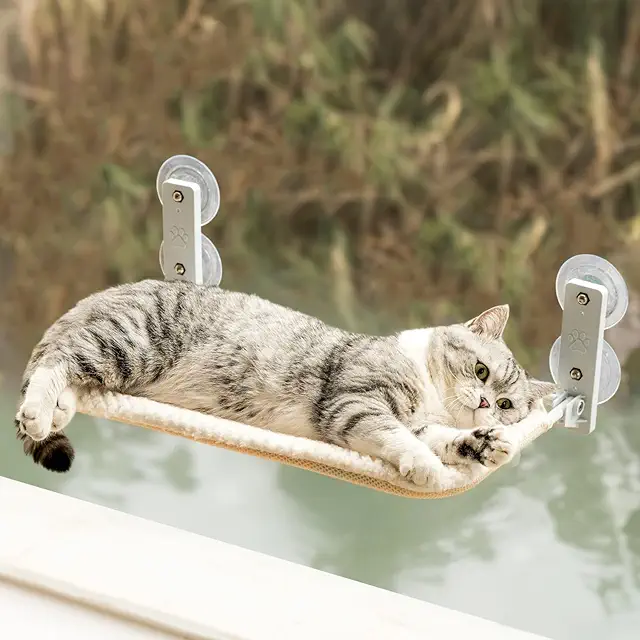 Hamac Chat Fenêtre Pliable EDAGNY - Cadre Acier 18kg, Beige