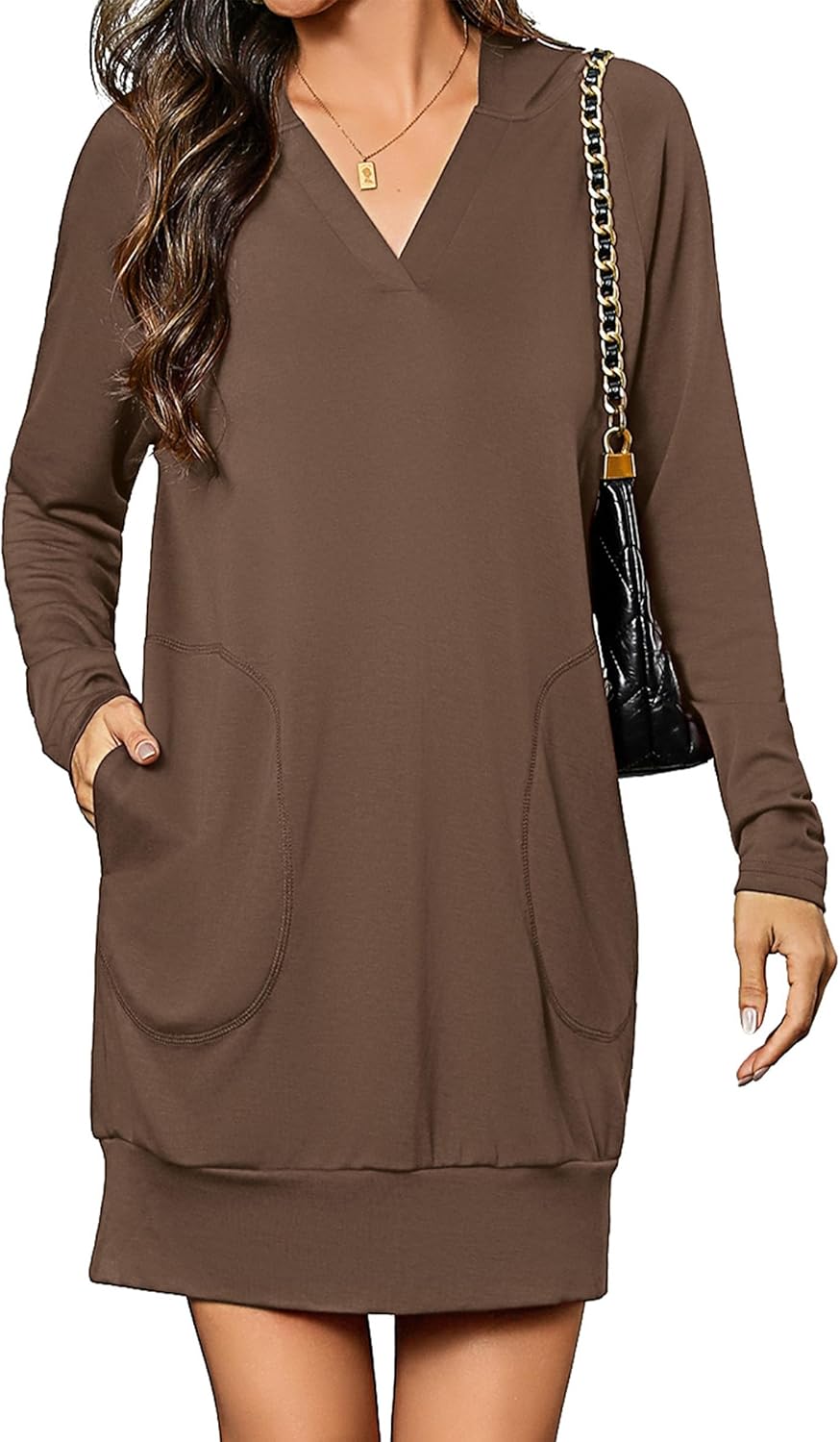 Totatuit Women Oversized Hoodies Dress Casual Long Sleeve V-Neck Hooded Sweatshirt Dress with Pockets 2025 Fall Outfits