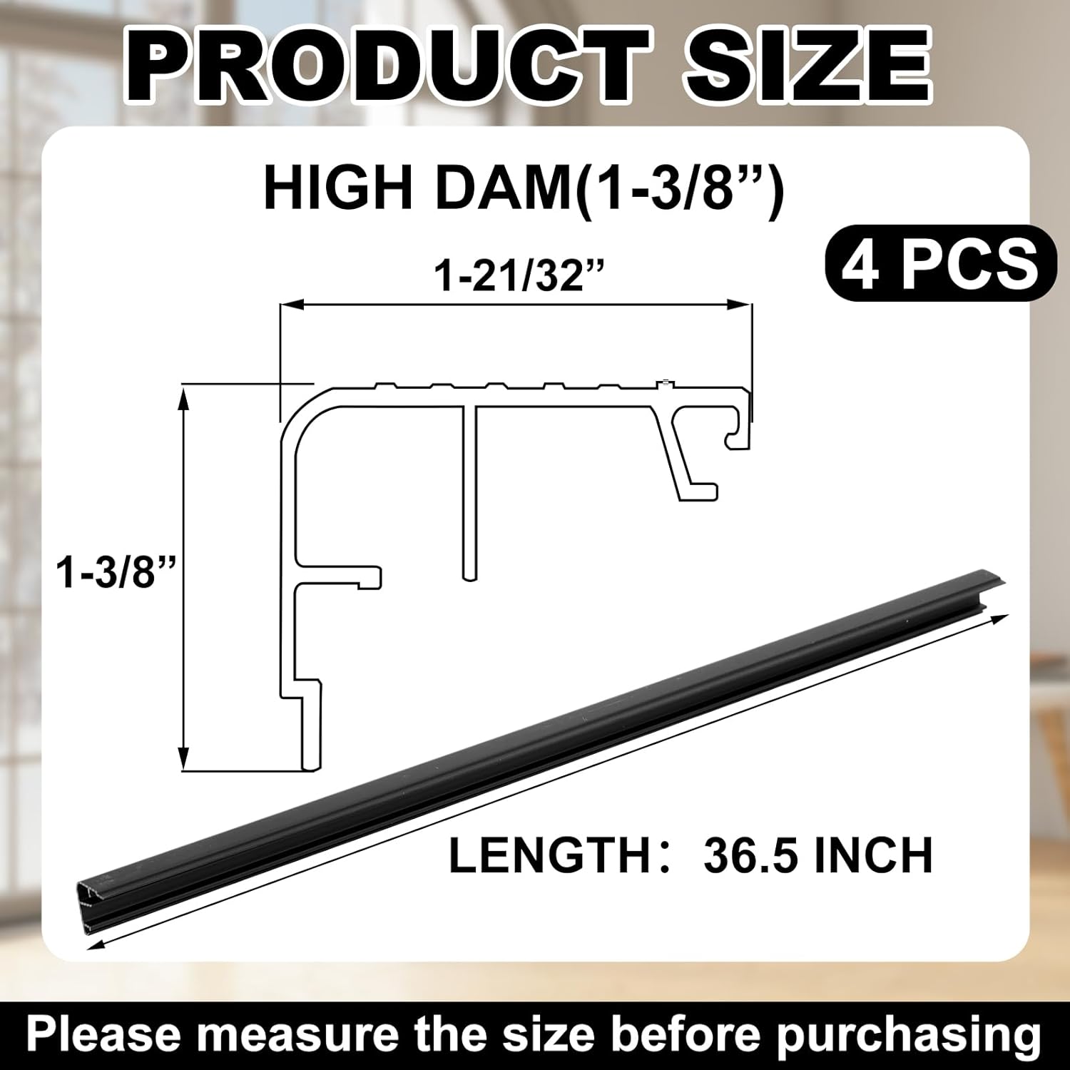 Pangda 4 Pcs 36" L Fixed Vinyl Sill Cap 1-3/8 Inches High Exterior Door Threshold Seal Replacement for Residential Door Trim-to-fit Fixed Vinyl Sill for Residential Entry Waterproof(Black)