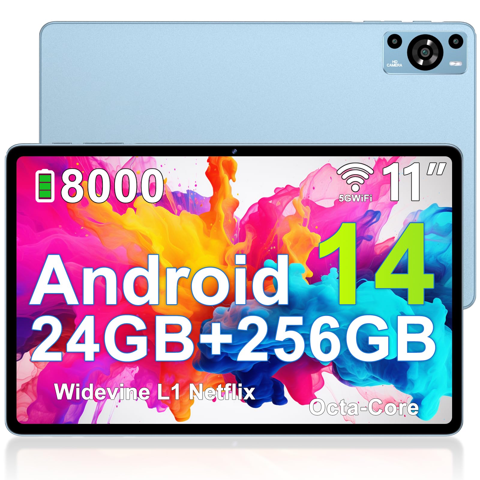 ZIOVO Tablet Android 14 Tablet 11 Pollici, 24GB RAM+256GB ROM (TF 1TB), 5G WiFi Tablets, Widevine L1/Octa-Core 2.0 GHz/8000mAh/Corpo Metallico/13+5MP/BT5.0, Tableta con Custodia - Blu