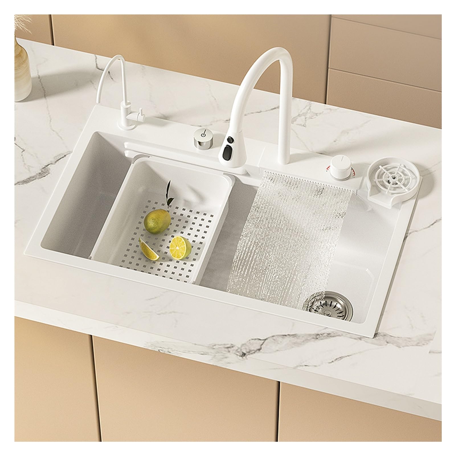 Évier multifonction inox 304 blanc avec robinet rétractable et mitigeur