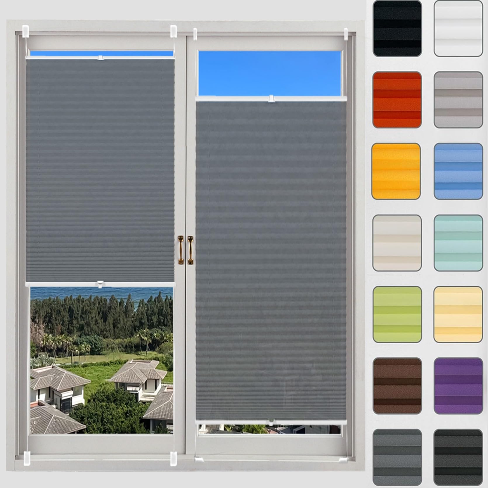 Temporary Pleated Blinds for Windows 105 x 200 cm (W x H), No Tool No Drill Shades Top-Down Bottom-Up, Blackout Blinds Window No Drill, Honeycomb Pleated Blind, for Window Door, Light Grey