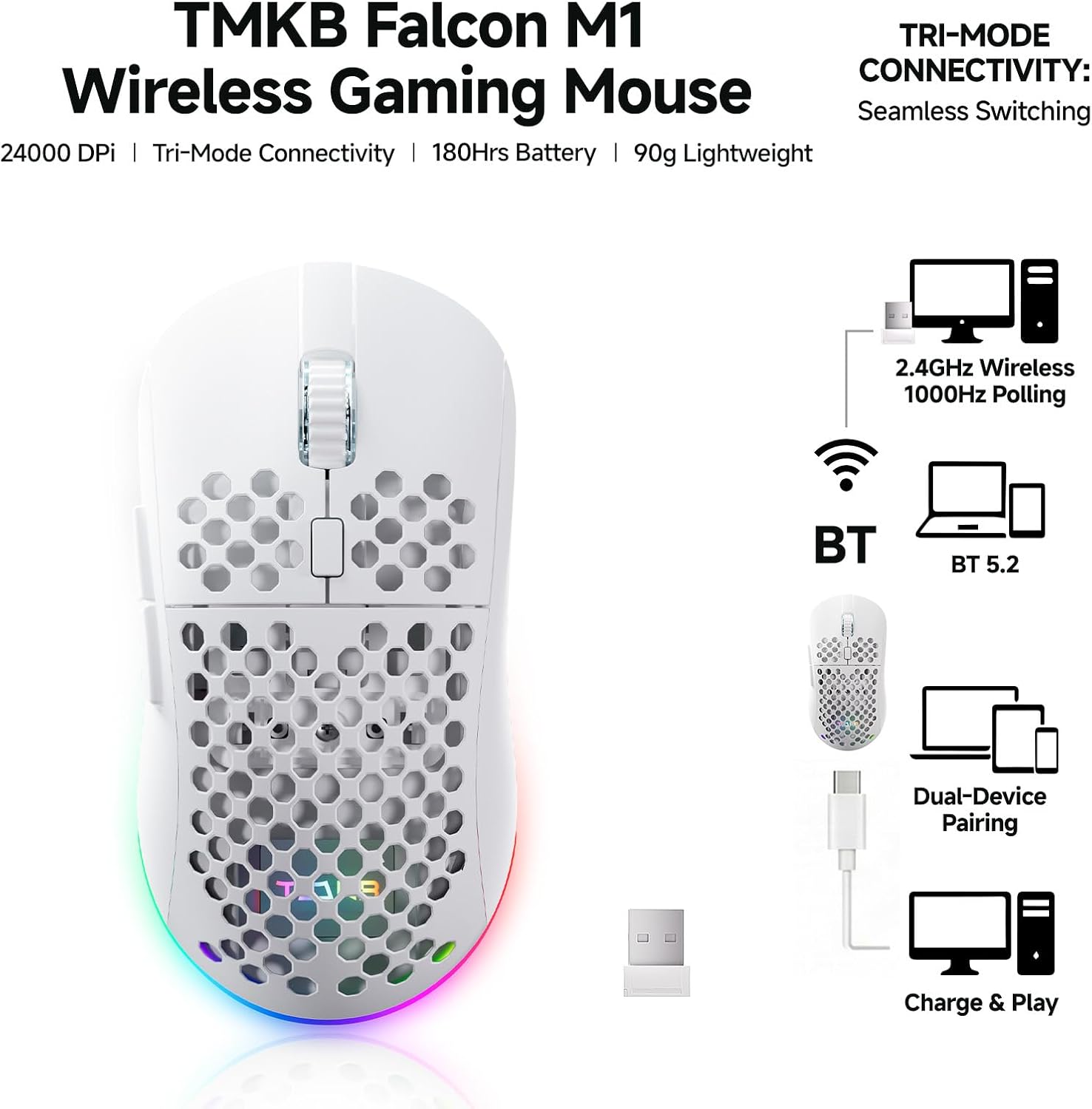 TMKB Wireless Gaming Mouse, 24000DPI Optical Sensor, 180Hrs Battery, Lightweight, 6 Programmable Buttons, RGB Strip, 2.4G/BT5.2/USB-C Wired for PC/Mac/Laptop - Matte White
