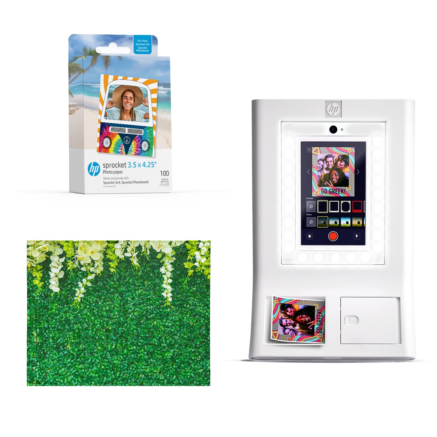 HP Sprocket Fotobudka Natychmiastowa kolorowa drukarka fotograficzna (Biała) + Papier Zink (100) + Tło z liśćmi (1)