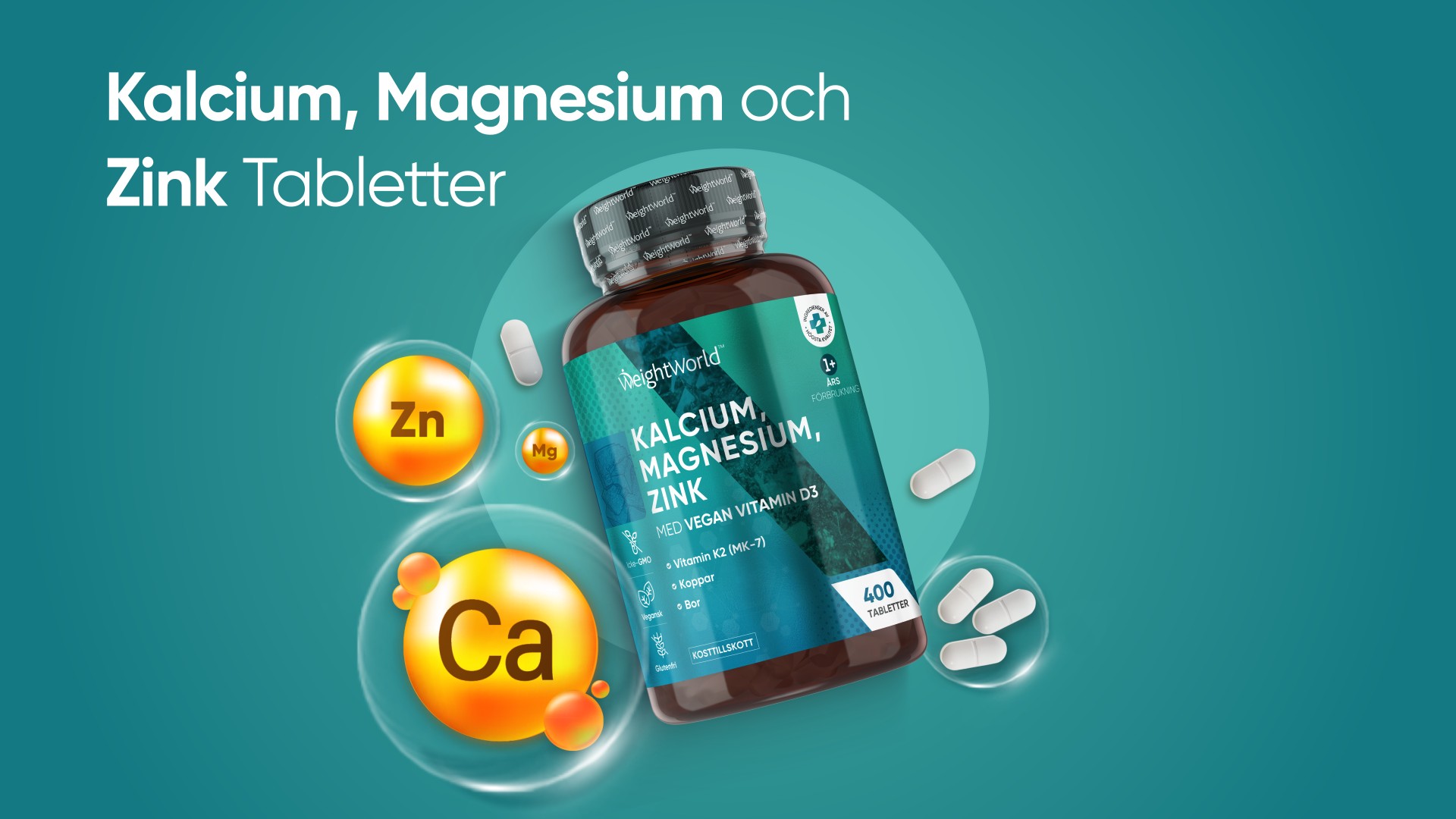 Calcium, Magnesium And Zinc Tablets - 400 Vegan Tablets For More Than 1 Year - Contains 9 Vitamins And Minerals - Vitamin D3, K2, Selenium And Copper - From WeightWorld