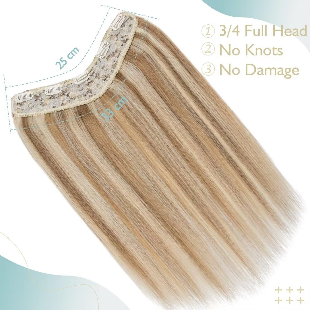 TESS Clip In Hair Extension Remy,Hair Extensions Real Human Hair One Peice U-Shaped Balayage Straight Hairpieces for Women/Ladies/Girls(#12/613 Golden Brown & Bleach Blonde,20Inch) - Image 3