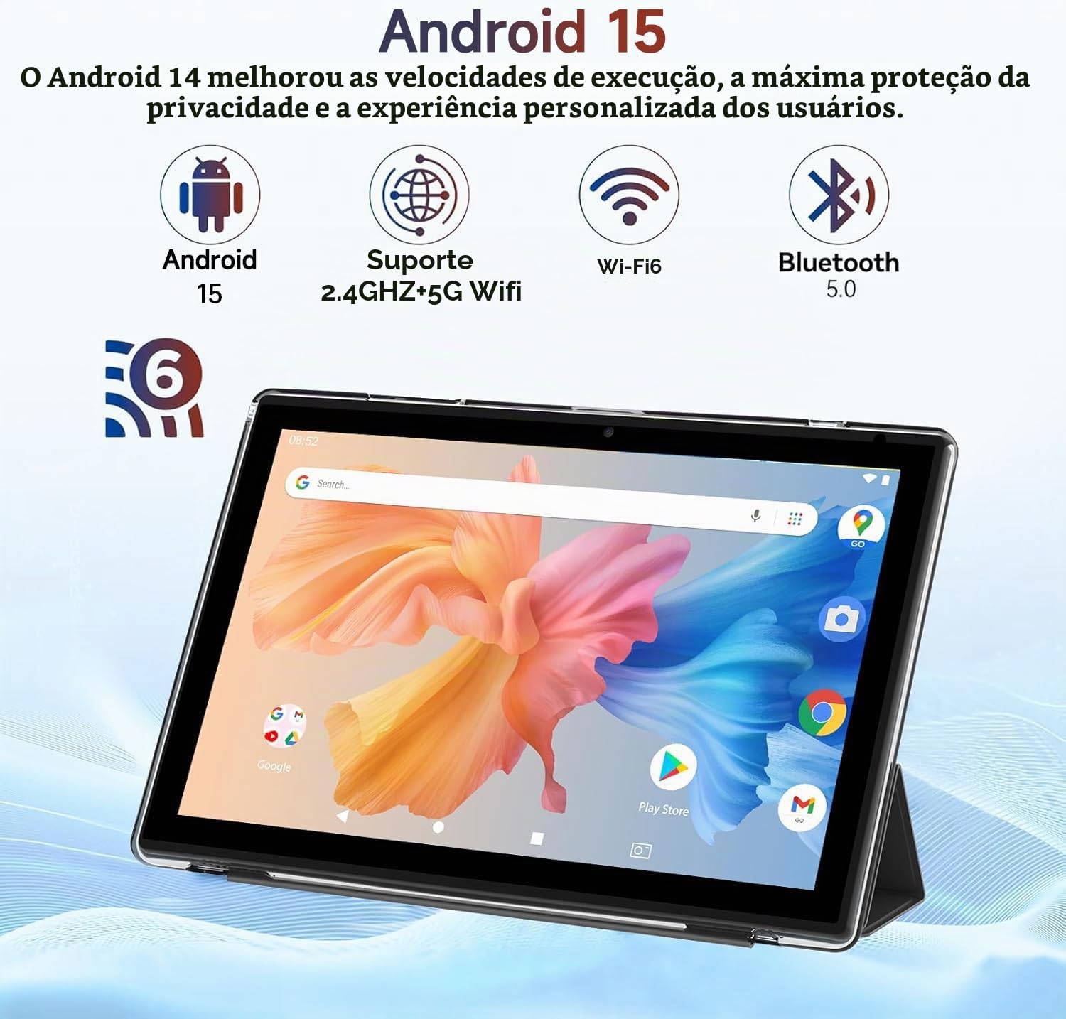 Tablet Android 15 de 10 polegadas, 12 GB de RAM + 64 GB de ROM +