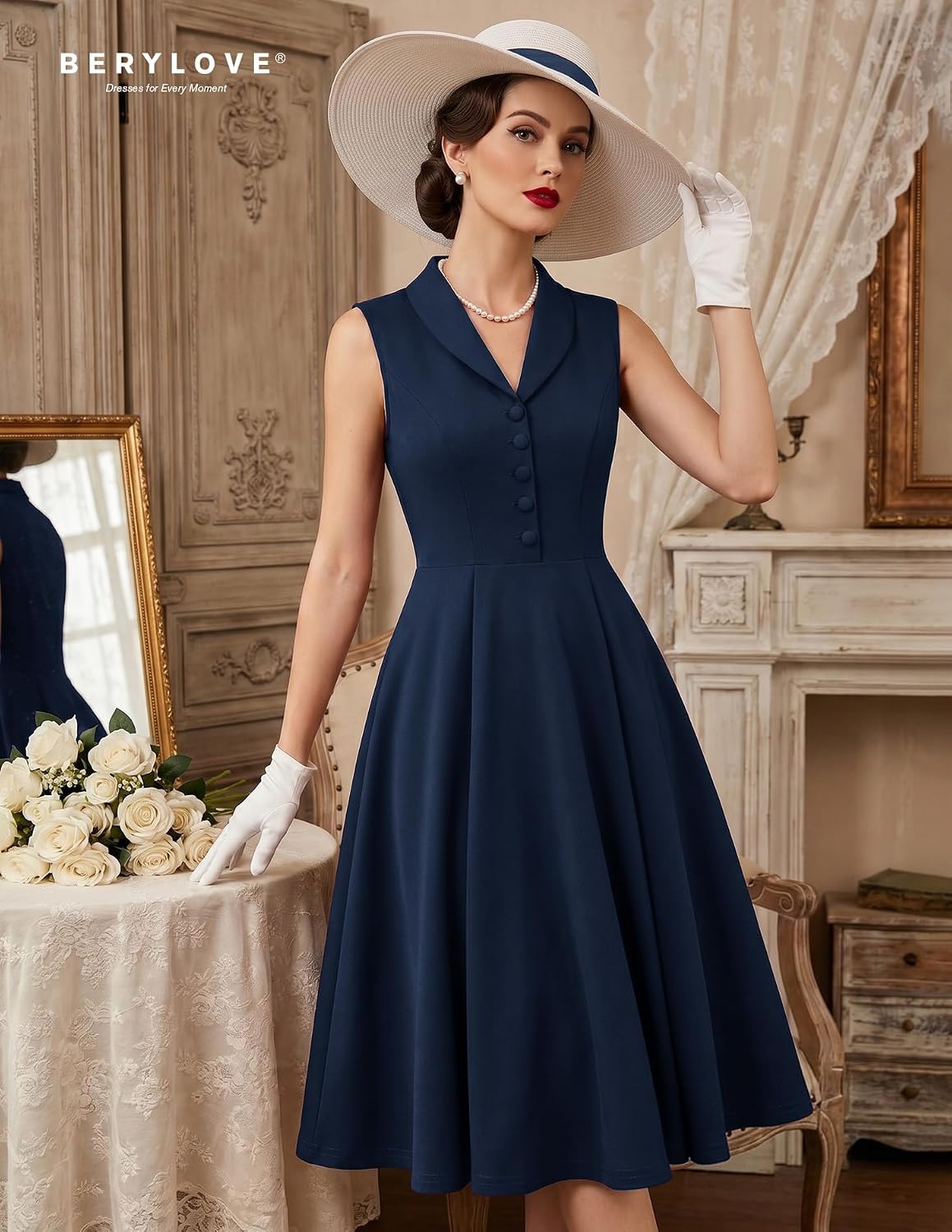 BeryLove Vintage 1950s Midi Cocktail Dresses for Women Wedding Guest Classy image 3