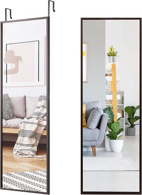 COSTWAY Over the Door Mirror, Full Length Hanging Mirrors with Adjustable Hooks, Wall Mounted Dressing Mirror for Bathroom, Bedroom and Wardrobe, 108 x 36cm (Coffee)