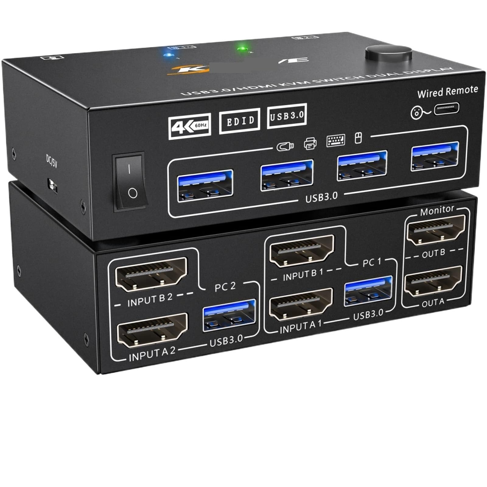 Commutateur KVM double moniteur 4K 60Hz HDMI USB 3.0 pour 2 ordinateurs et affichage étendu