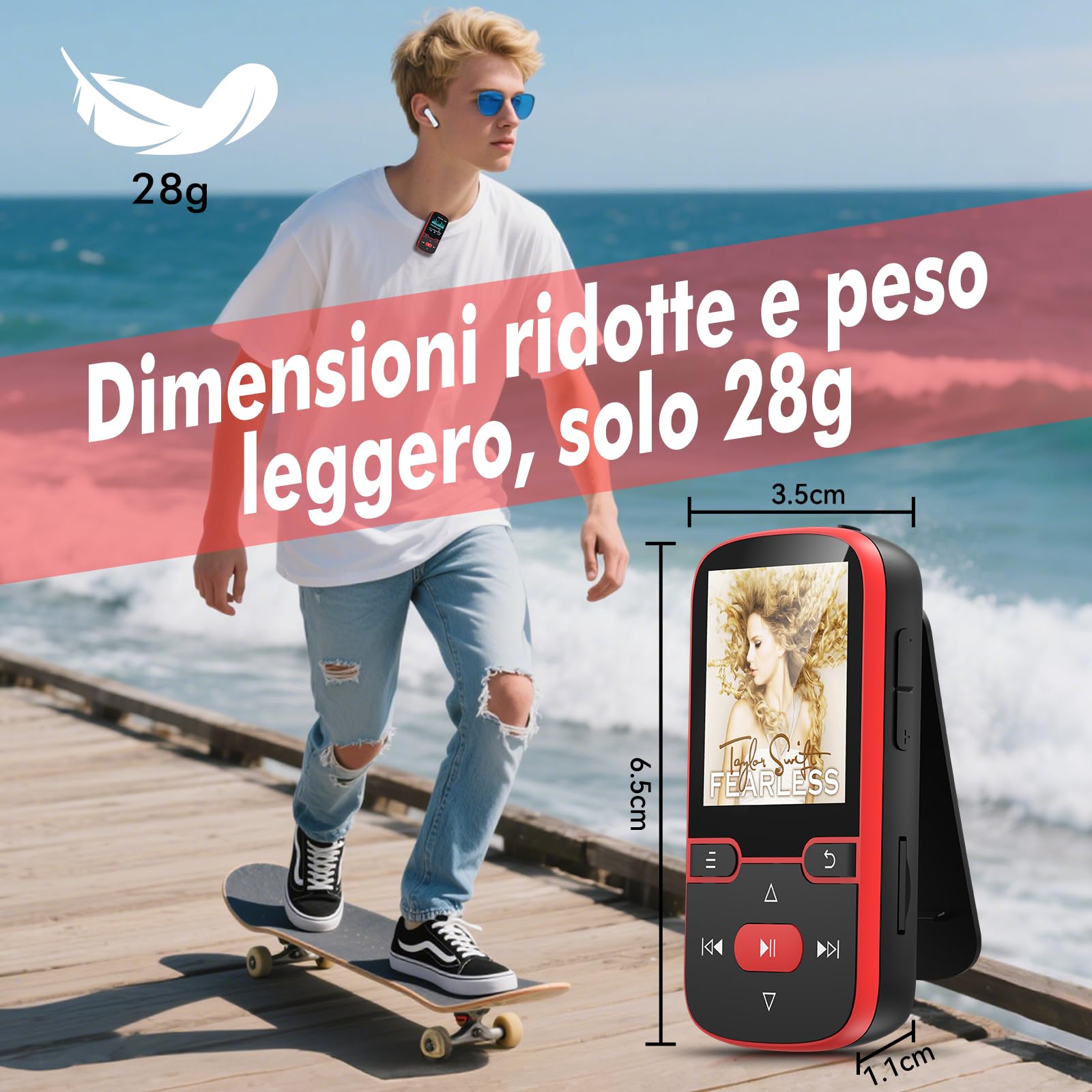 64 GB Lettore MP3 con Bluetooth 5.3, Music Clip Sport, schermo TFT da 1,5". | Solo 28 g di luce con clip per lo sport, radio FM, registrazione vocale, ripetizione casuale e di brano, pulsanti fisici