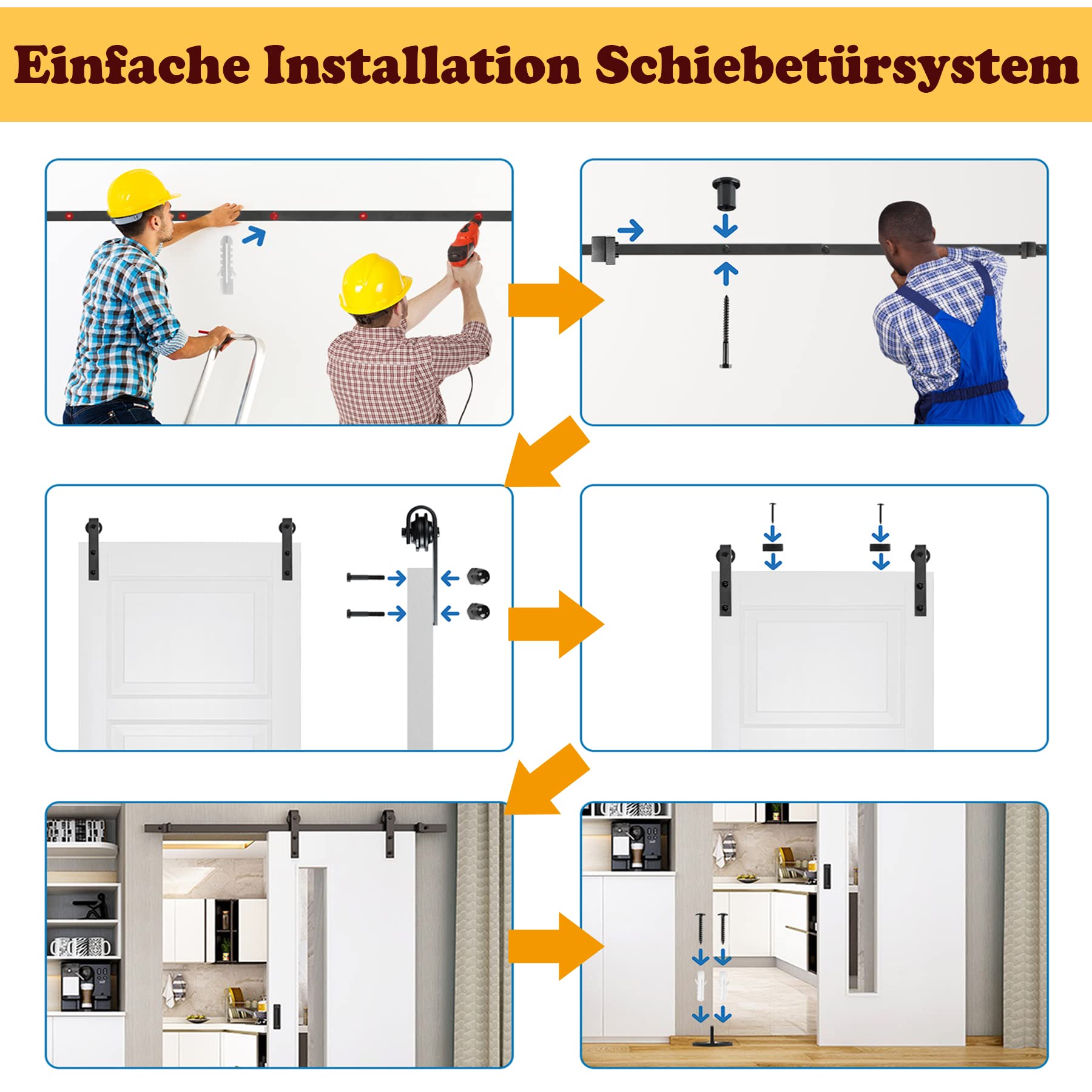 SUBTLETY 366cm Set di Cancelli Scorrevoli per Porta Scorrevole Kit in Acciaio al Carbonio con Binario e Guida a Pavimento Carico fino a 130KG Scorrevole per 35-45mm Porta di Esterno & Interno
