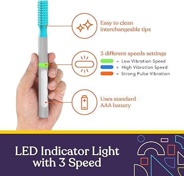 Special Supplies Buzz Buddy Oral Motor Stimulation kit with 6 Soft Textured Interchangeable Heads, Calm Sensory Needs, Support Speech, and Stimulate Self Feeding, Gentle Vibrations (Grey)