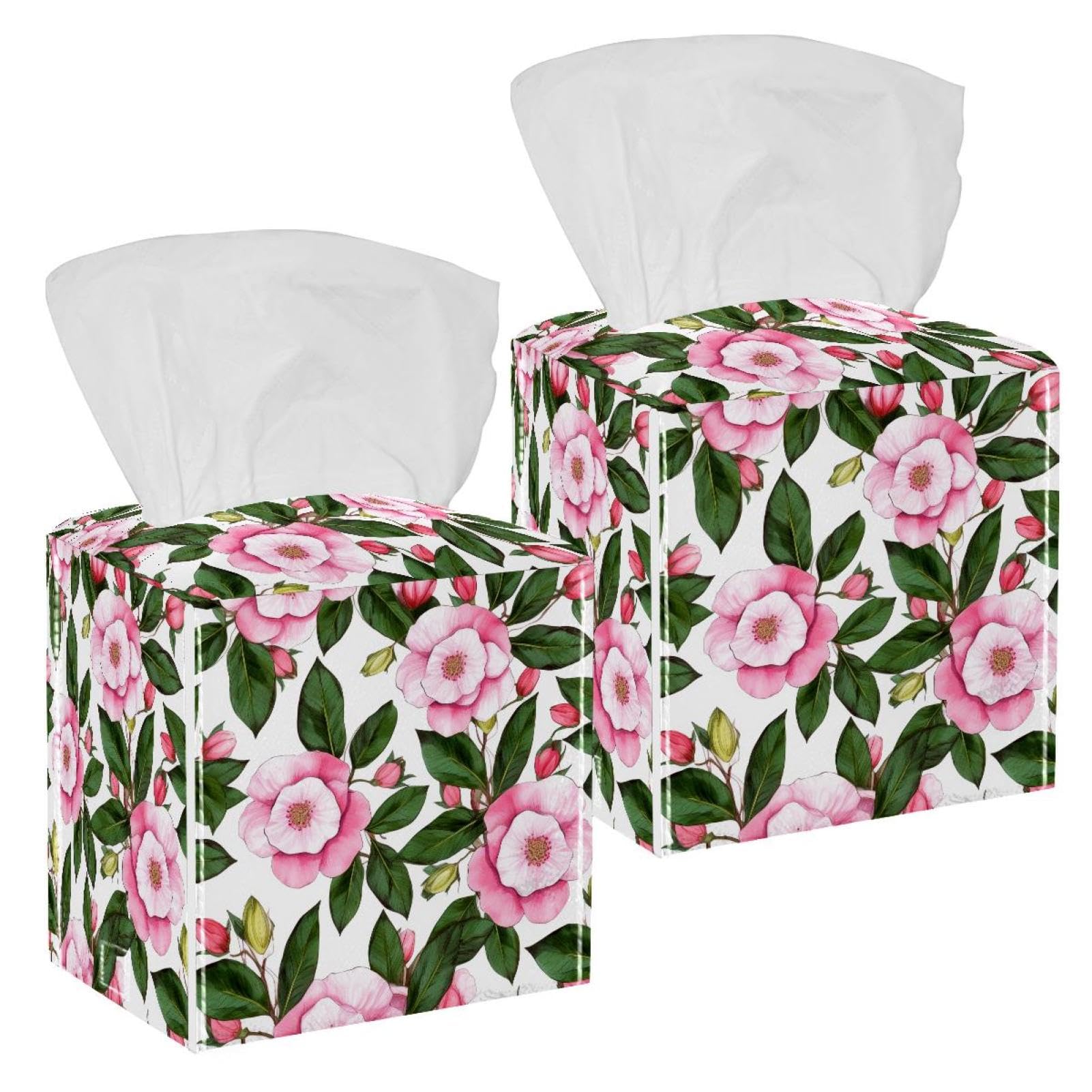 Camellia with Leaf Tissue Box Cover, 2 Pack PU Leather Square Facial Tissue Dispenser Box holder for Home Office Car