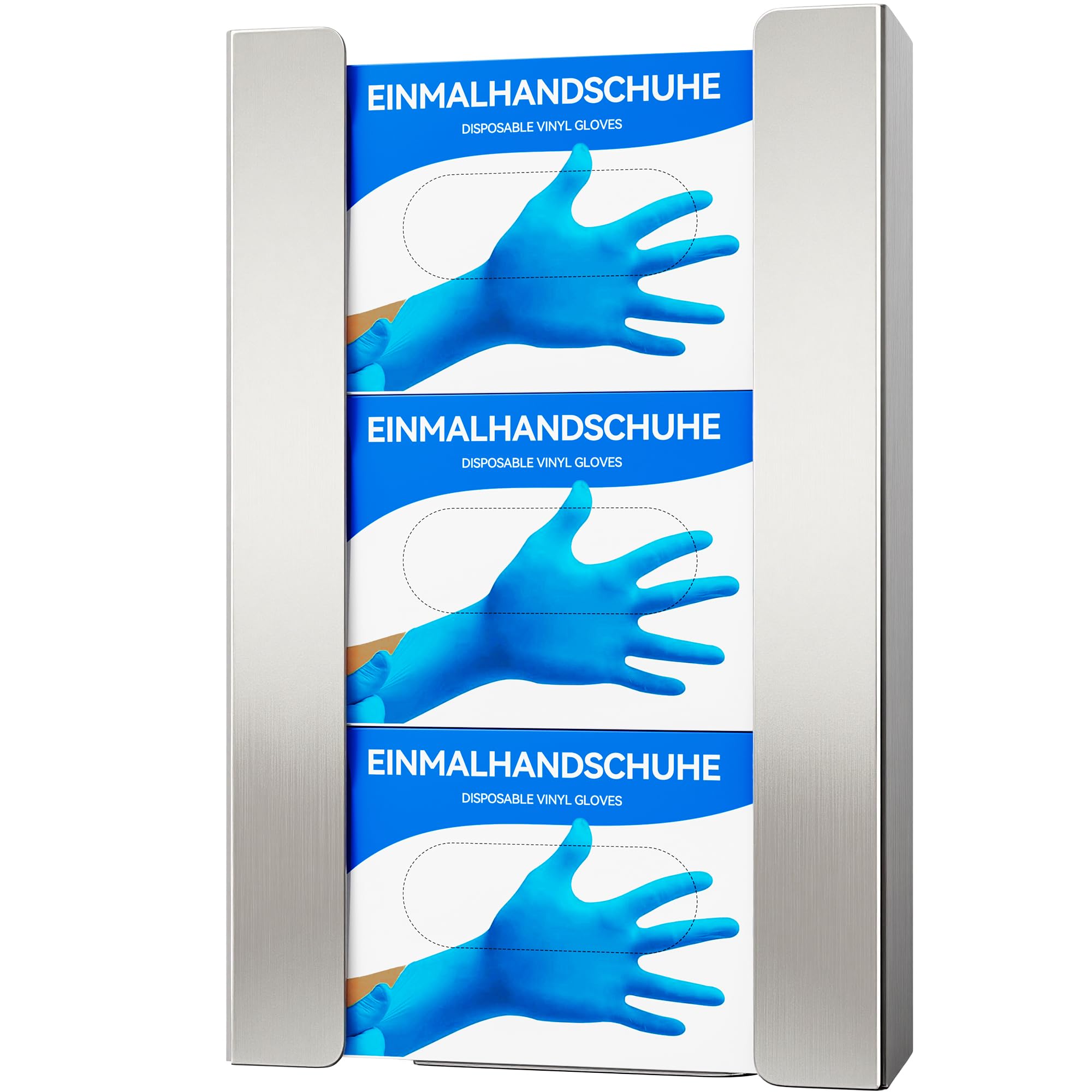 Edelstahl Handschuhhalter Wand (3 Boxen) – Gebürsteter Handschuhspender für Einweghandschuhe – Handschuhhalterung Wand für Nitril, Latex, Vinyl – Wandhalterung mit Schrauben oder Klebemontage