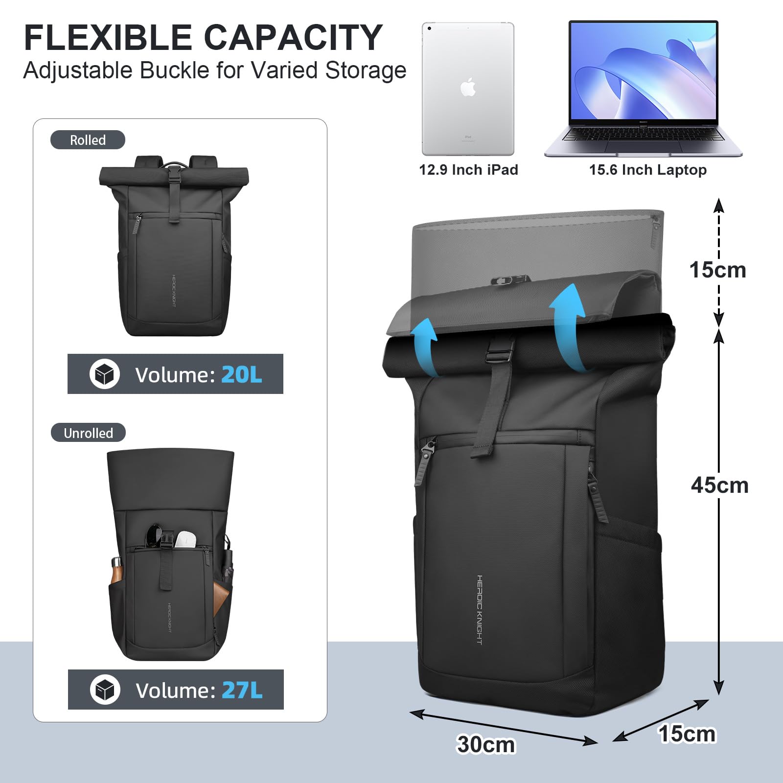 hk Rolltop Rucksack Erweiterbar Laptop Rucksack 16 Zoll mit Laptopfach