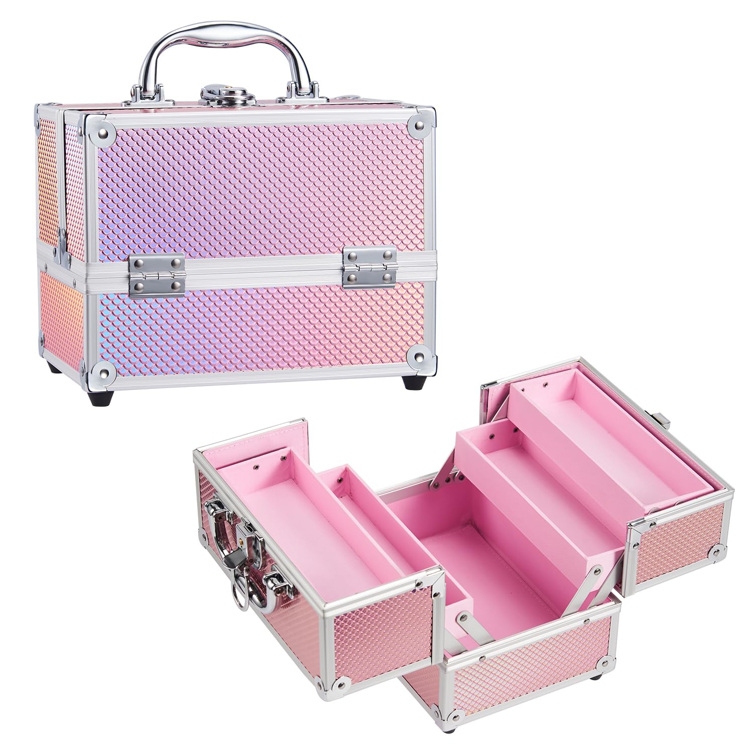 Joligrace Maletín Maquillaje Estuche de Maquillaje Estuche de Cosmético Profesional Maletin para Joyero y Manicura Makeup Beauty Case de Viaje Caja Neceser Organizador para Mujeres 22.5x16x 17cm, Sirena Rosa