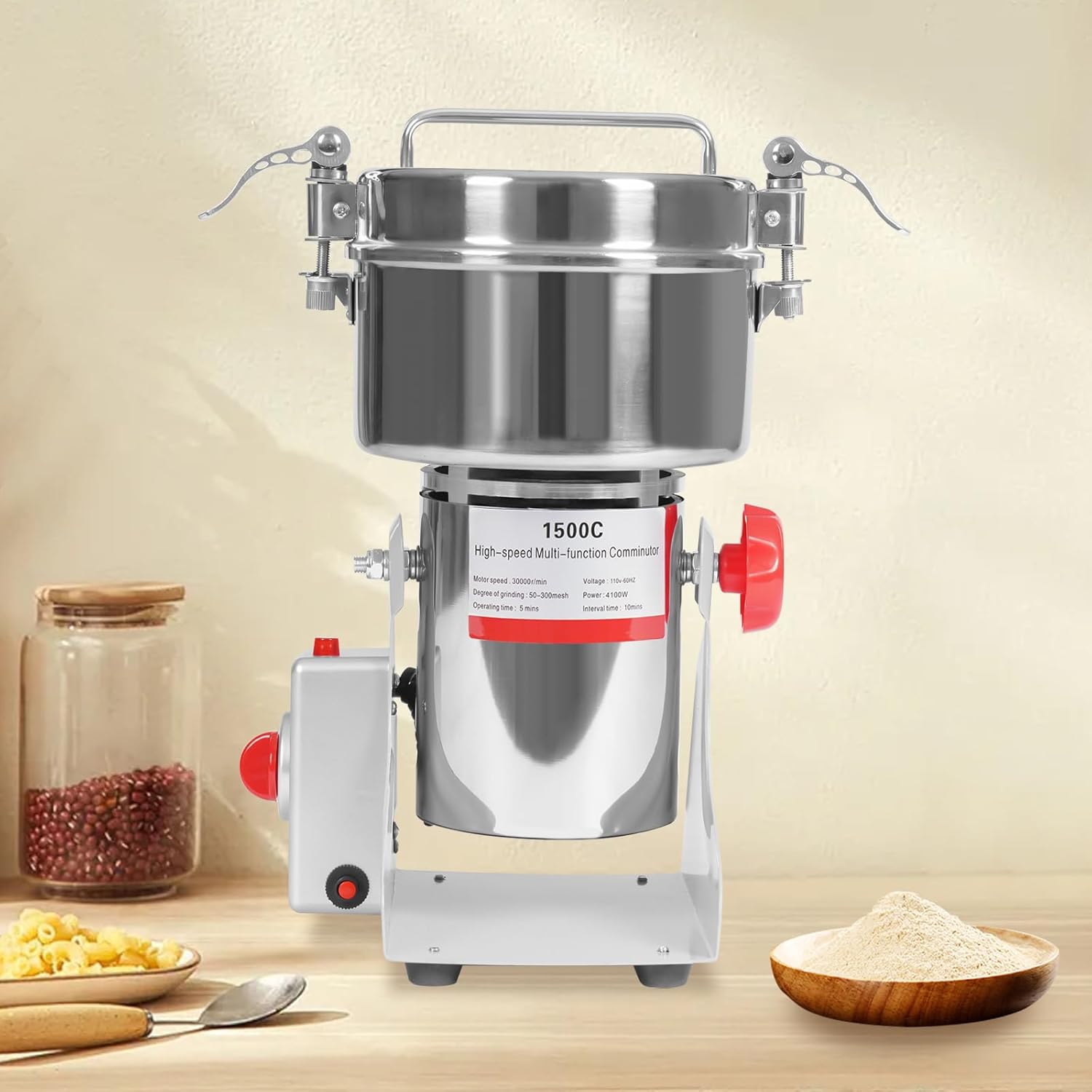 JAYGOVAN 1000g Grain Mill Grinder Electric Stainless Steel Grain Grinder 4100W Commercial Spice Grinders High-Speed Pulverizer Powder Machine for Dry Grains Spices Cereals Coffee Corn Pepper