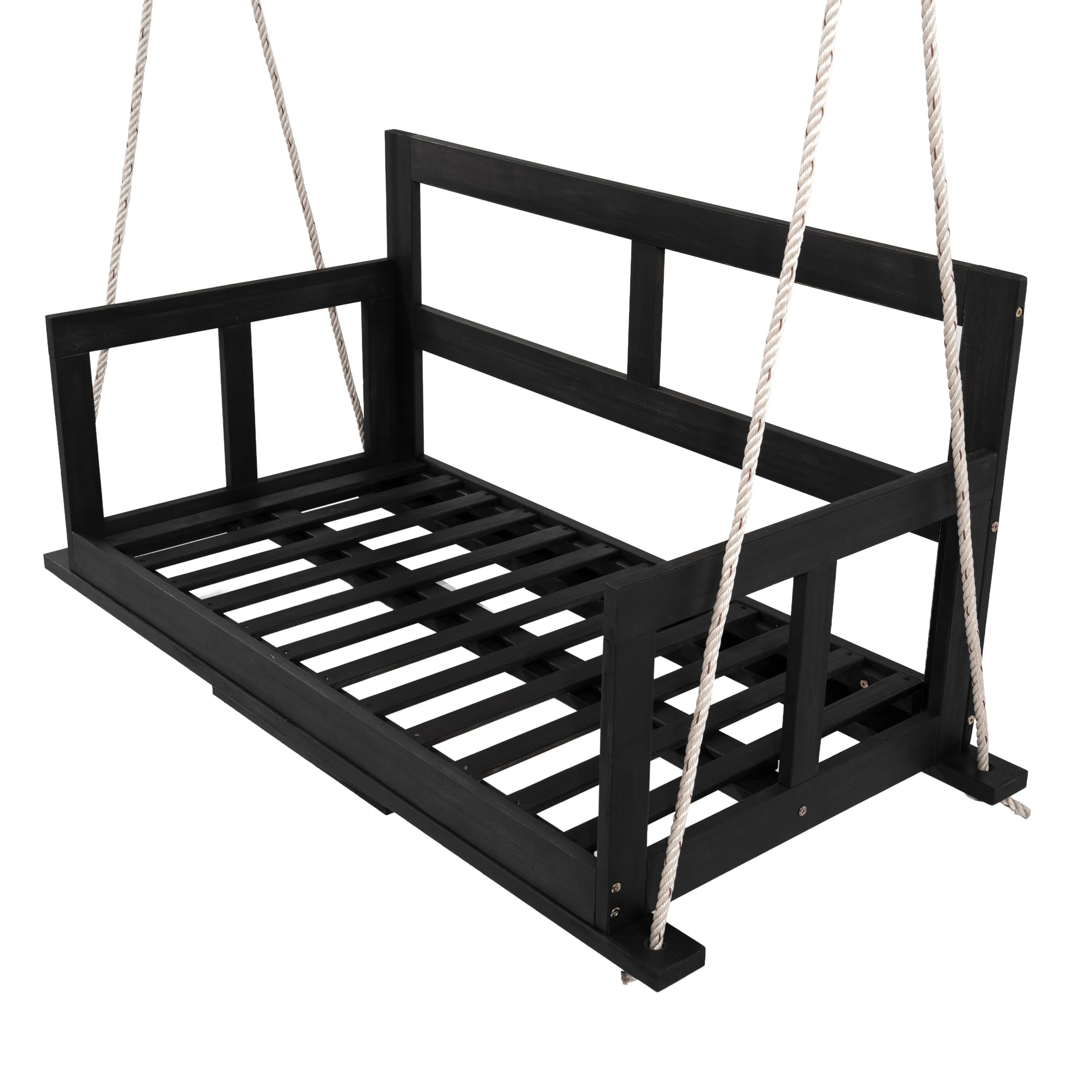 Merax Balançoire double en bois d'acacia, balançoire suspendue pour jardin avec coussin amovible et lavable, coussin d'accoudoir et 2 cordes de suspension, bois massif, noir