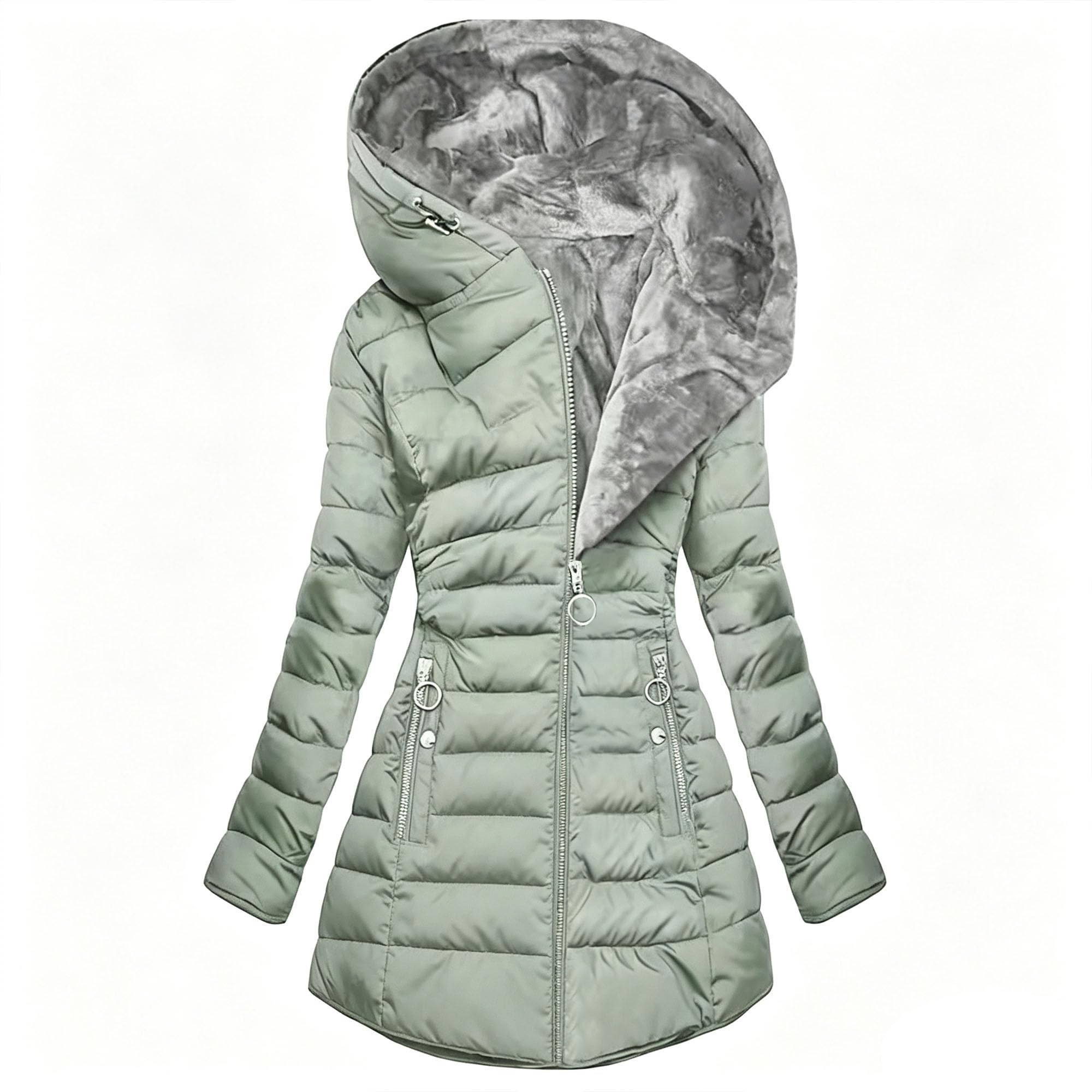 Piumino invernale da donna foderato in pile caldo con cappuccio e zip