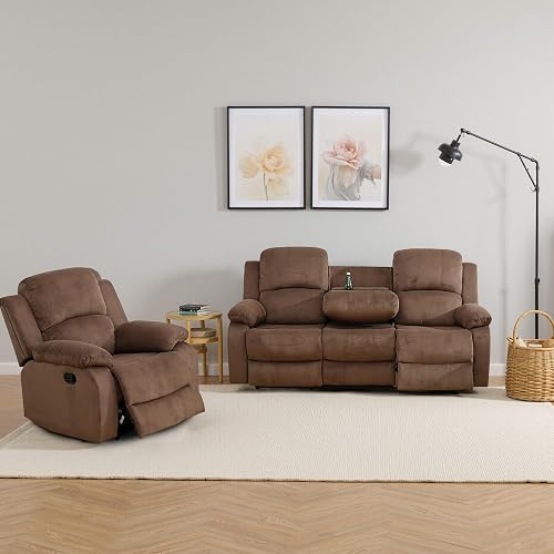 Recliner Sofa Set Living Room Furniture, Corduroy Fabric Reclining Sofa Set, Recliner Couch Set with Cup Holders for Office Home (Sofa and Chair Set, Brown)