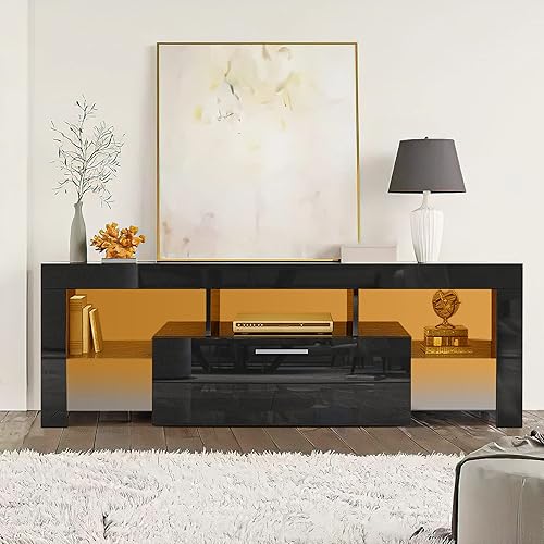 Miniatura 33 de Soporte de TV LED para televisores de hasta 70 pulgadas, centro de entretenimiento de alto brillo de mediados de siglo con armarios de Negro