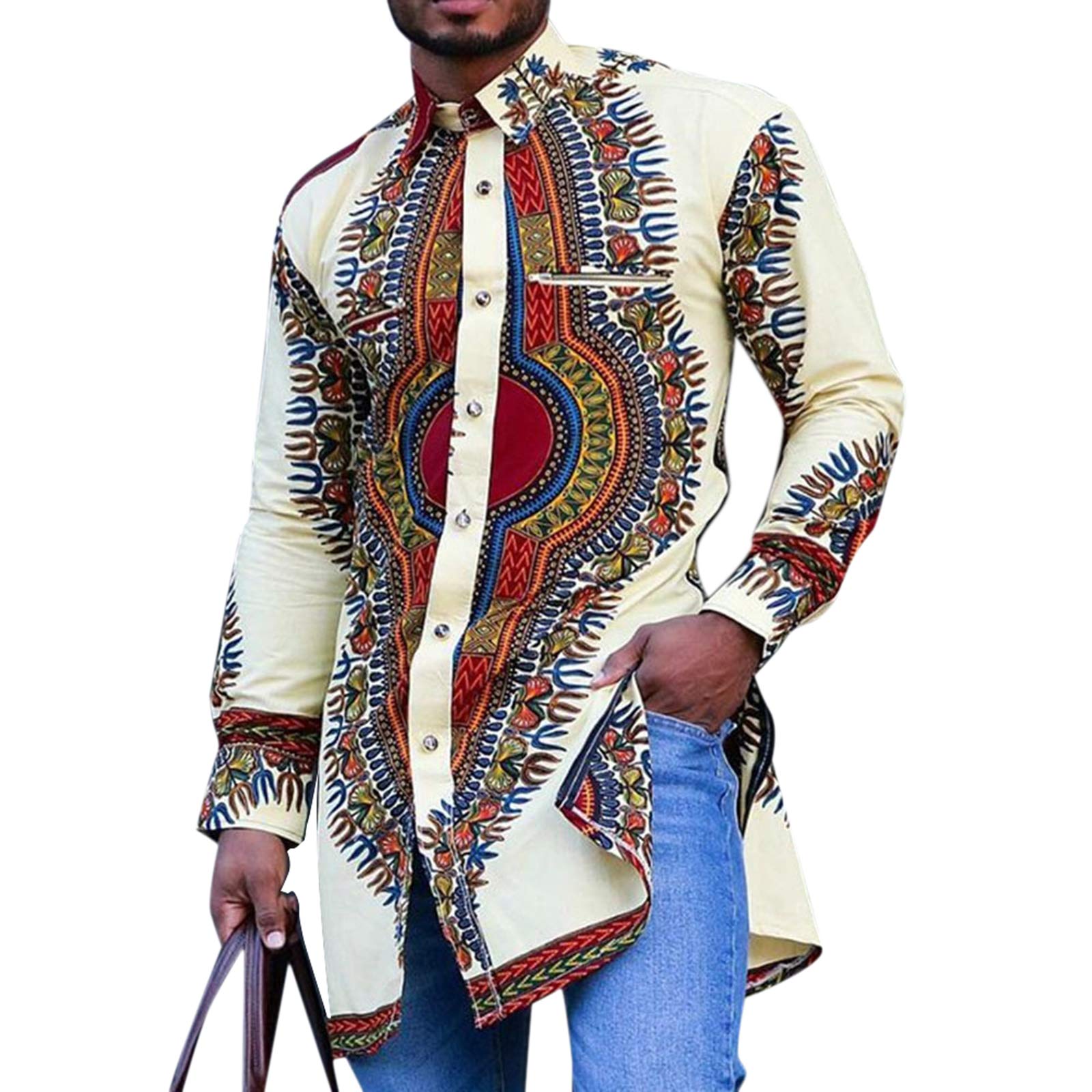 Oneforus Men's Beige African Dashiki Shirts Autumn New Ethnic Style Lapel Split Shirt