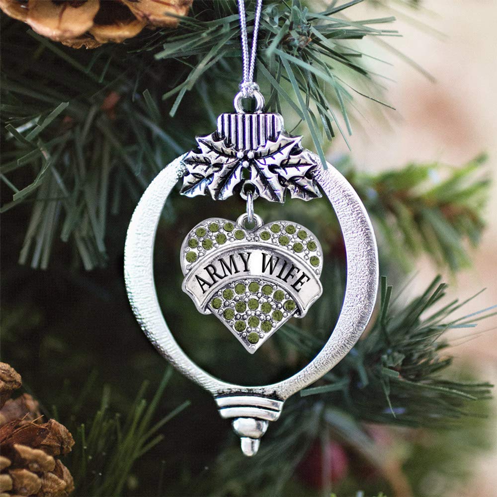 Inspired Silver - Army Wife - Silver Christmas Ornament - Green Pave Heart Charm Christmas Tree Ornament with Cubic Zirconia - Holiday Hanging Decoration