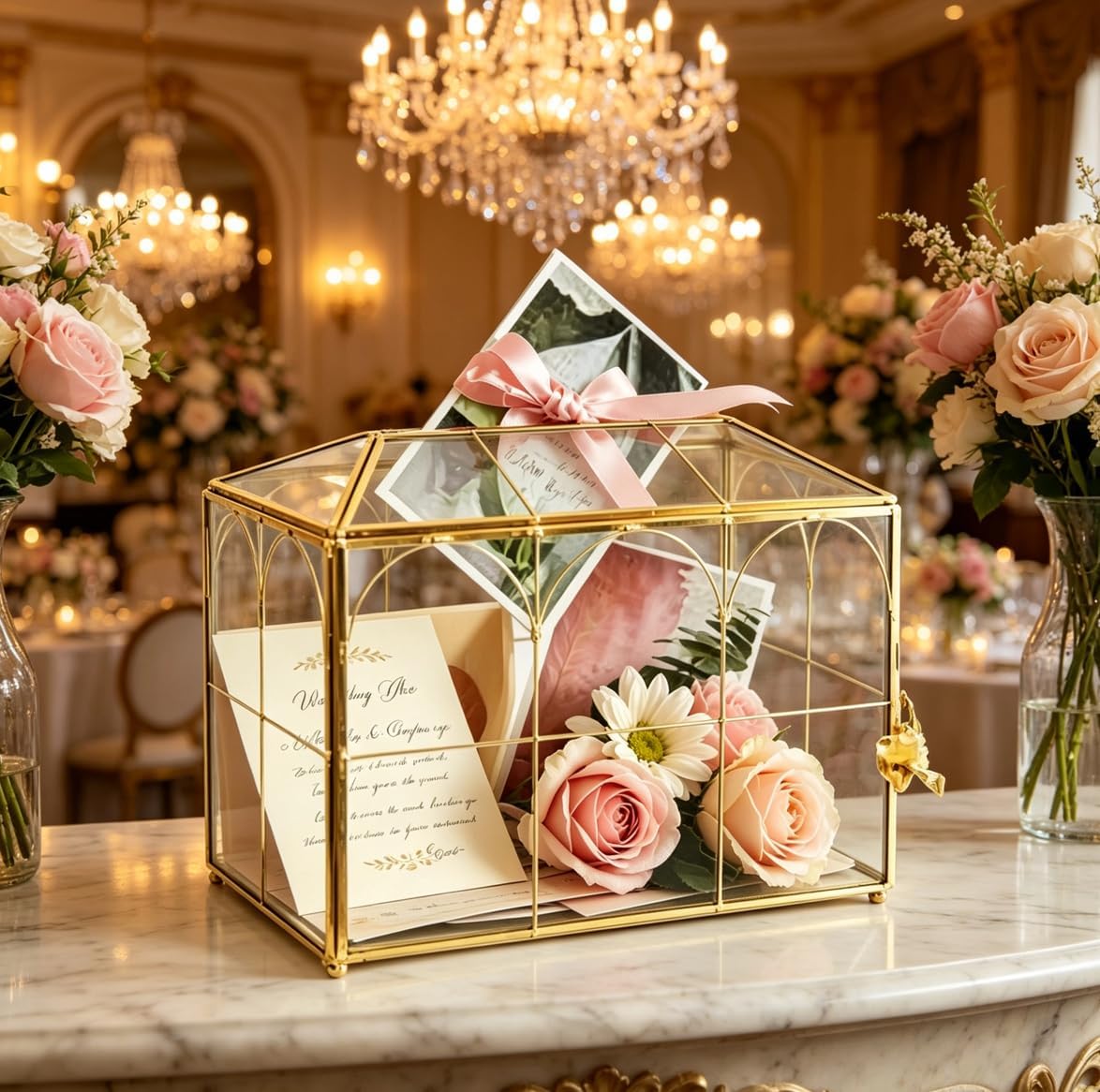 Glass Card Box with Slot and Lock, Large Gold Clear House-Shaped Storage Box for Wedding, Birthday, Bridal Shower, 10.2 x 5.9 x 8.3 Inch
