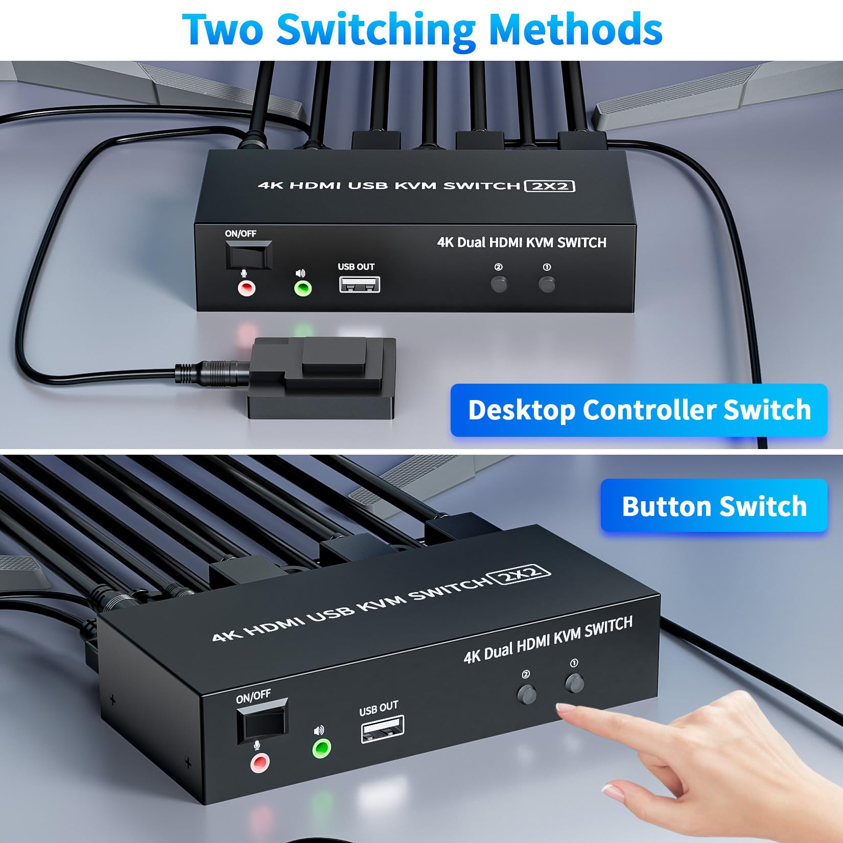 Bolaazul Switch KVM a 2 Porte HDMI USB 4K@60Hz, Dual Port USB 2.0 HDMI 2.0 Switcher 2x2, Tastiera Mouse Peripheral Switcher 2 in 2 Out per 2 PC 2 Monitor
