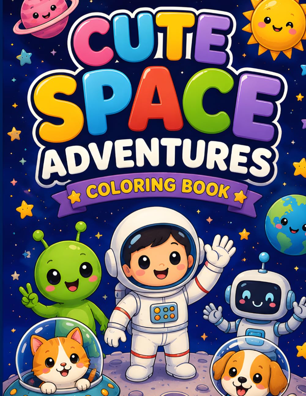 Cute Space Adventures Coloring Book: Fun and Easy Space Coloring Pages for Kids Ages 4-8
